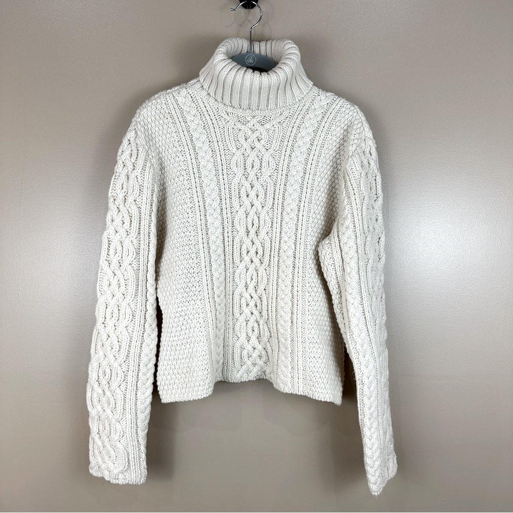 Paul James 100% Wool England Cream Cable Knit Chunky Turtleneck Sweater Large